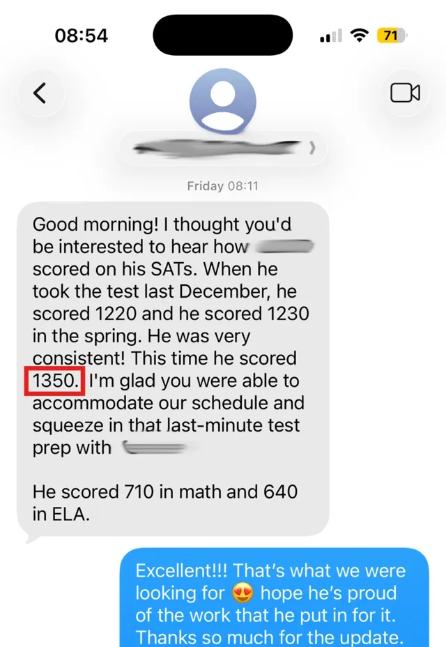 A parent’s text: 1220 in December, 1230 in the spring, 1350 this time