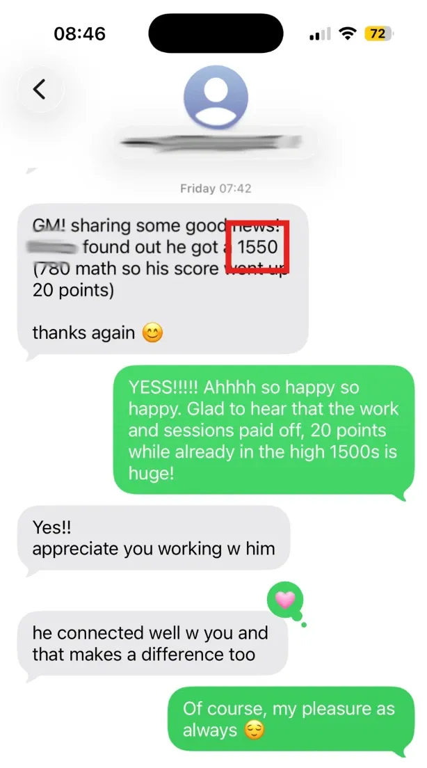 A parent’s text: he got a 1550, 780 in Math, up 20 points